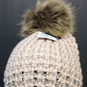 Knit Winter Hat Beige Rhinestone Faux Fur PomPom